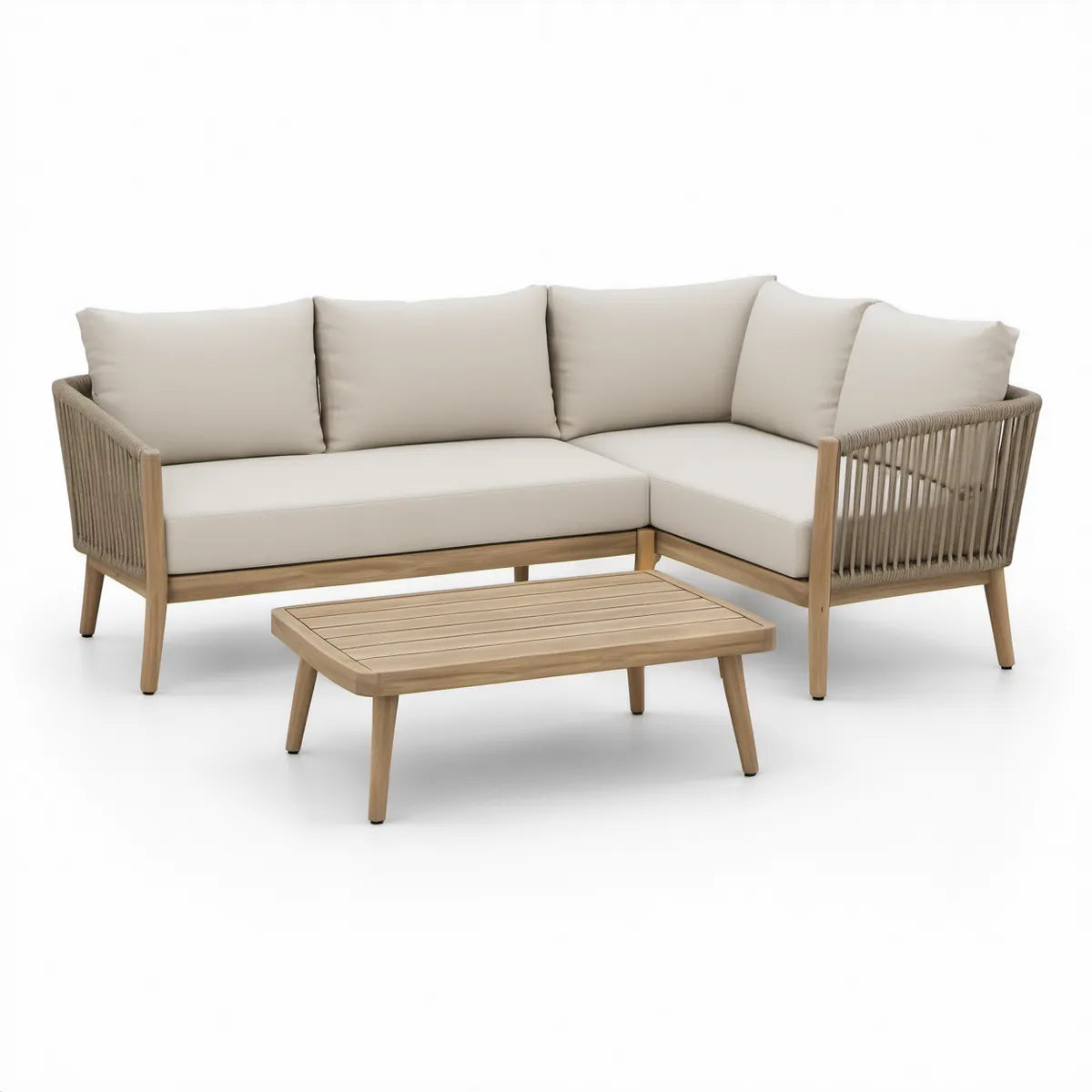 3-elementowy narożny komplet z drewna akacjowego z poduszkami, 210 × 150 × 75 cm, naturalny brąz/taupe/beżowy