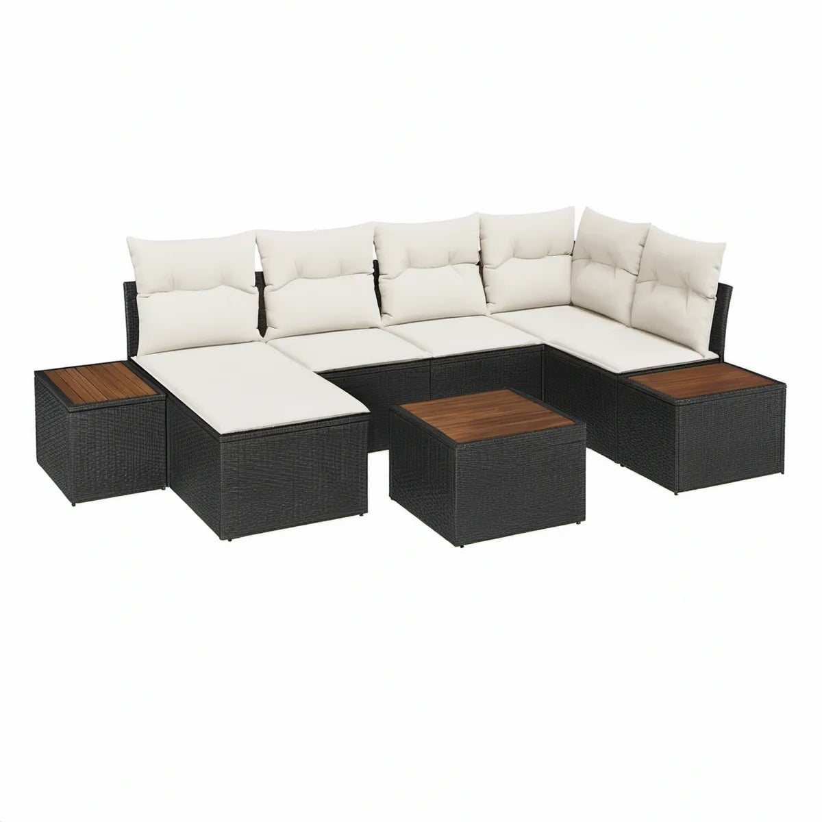 8-elementowy modułowy komplet wypoczynkowy z technorattanu, Czarny/Kremowy/Brązowy, moduły 70 × 70 × 60 cm, stoliki 70 × 70 × 29 cm