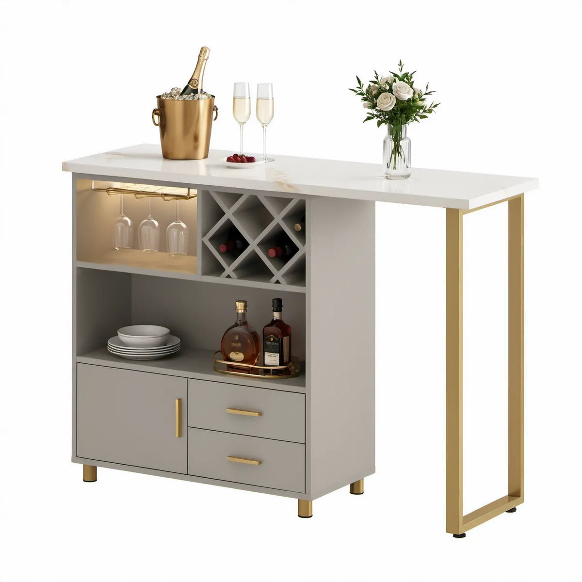 Biało-złota szafka barowa z blatem 120 x 40 x 105 cm, MDF i stalowa rama