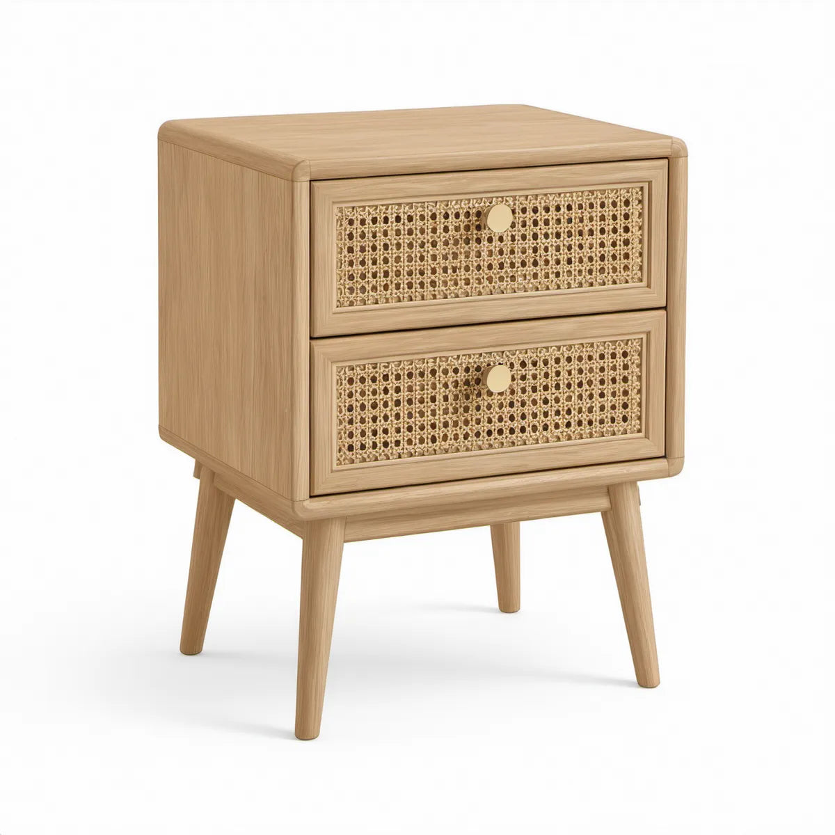 Szafka nocna 45 x 38 x 60 cm z 2 szufladami, lite drewno kauczukowe i naturalny rattan, naturalny dąb