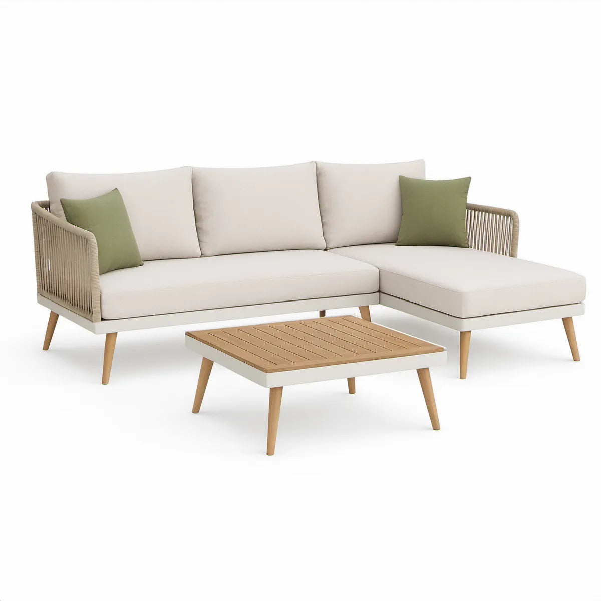 Narożna sofa ogrodowa 3-osobowa ze stolikiem kawowym, beżowa, 235 x 150 x 78 cm