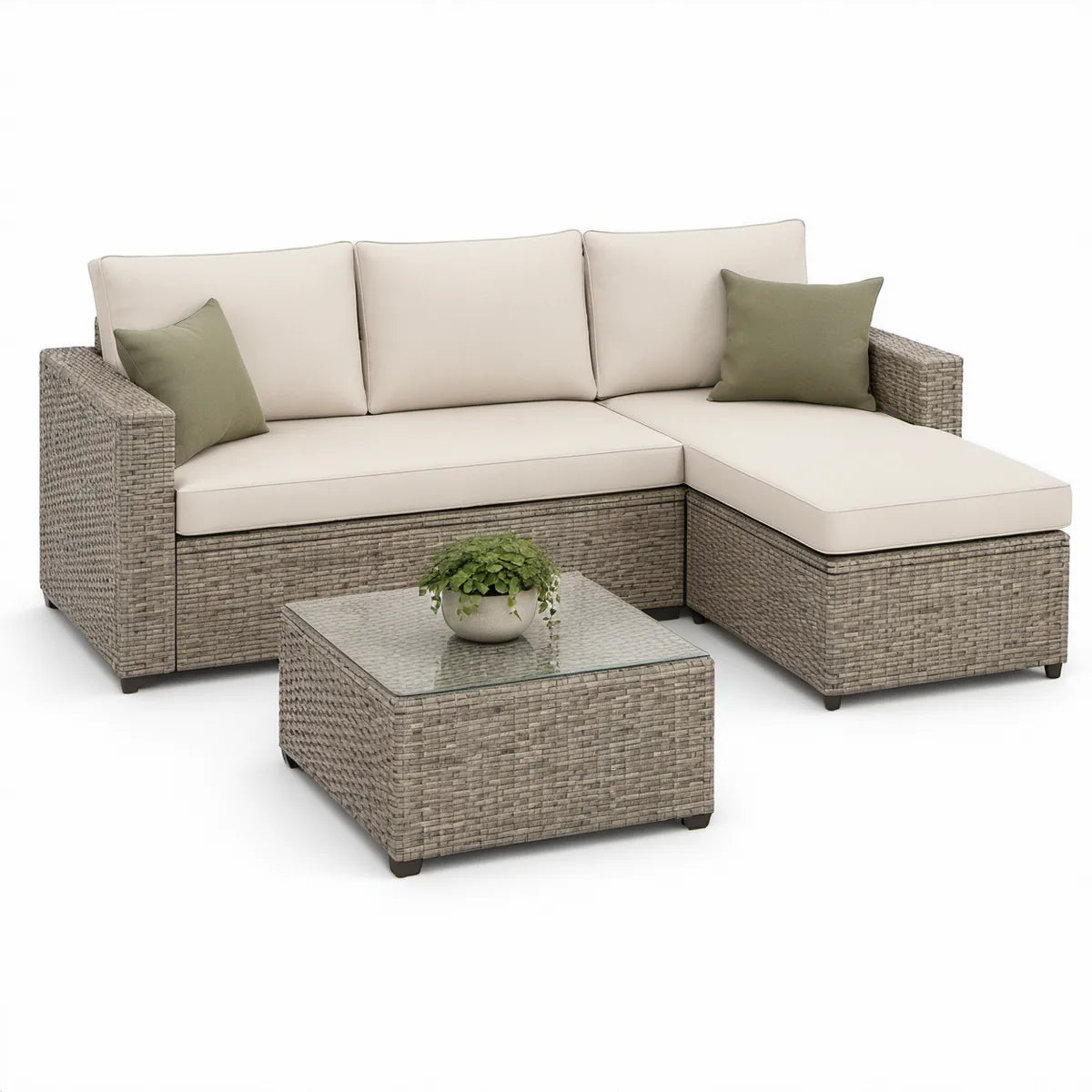 Ogrodowy zestaw wypoczynkowy z technorattanu w kształcie L, szary/kremowy/oliwkowy, sofa 220 × 150 × 85 cm, stolik 80 × 80 × 42 cm