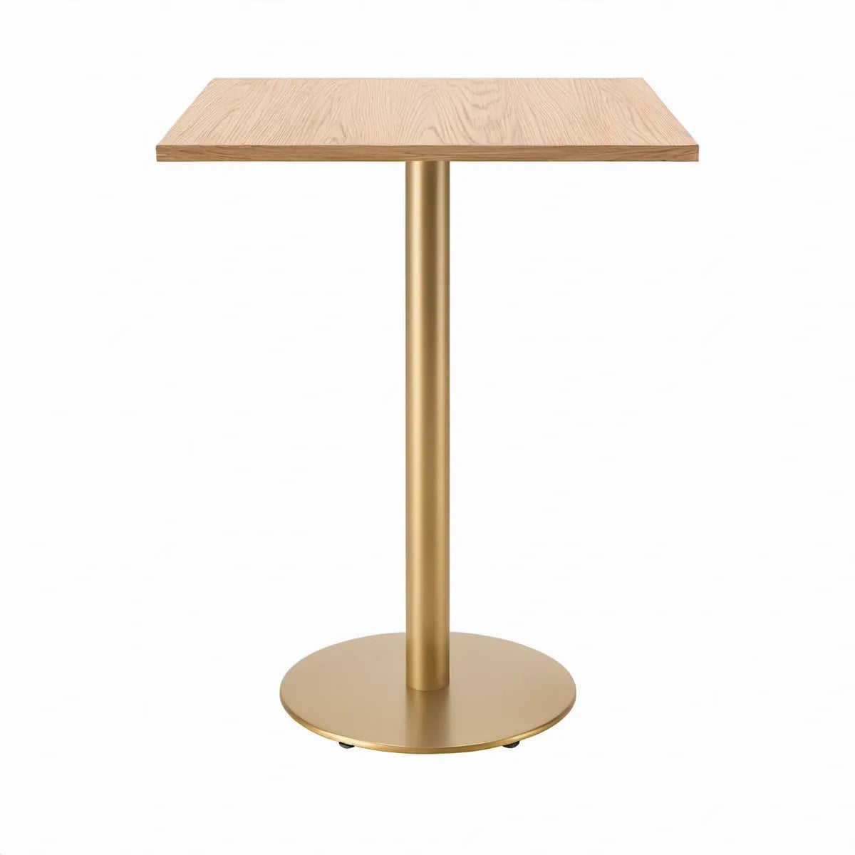 Kwadratowy stół barowy 70 x 70 x 110 cm z blatem MDF w okleinie jasnego dębu i złotą stalową podstawą