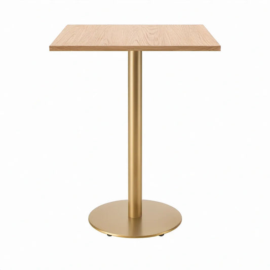 Kwadratowy stół barowy 70 x 70 x 110 cm z blatem MDF w okleinie jasnego dębu i złotą stalową podstawą