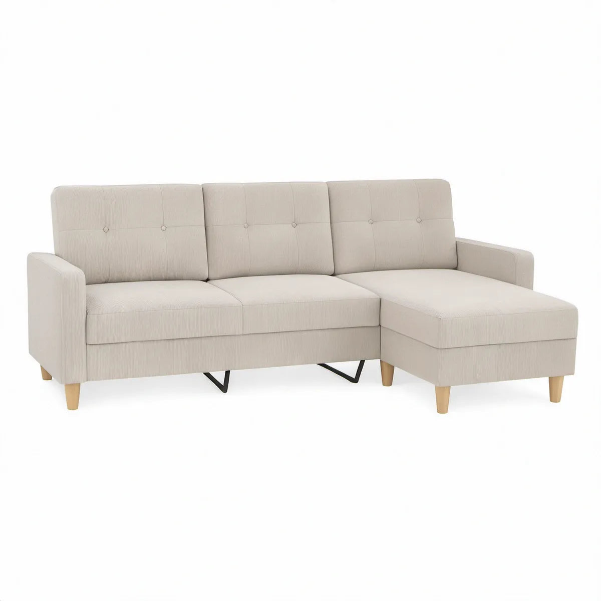 Beżowa sofa narożna z prawym szezlongiem, sztruksowa, 222 x 145 x 85 cm