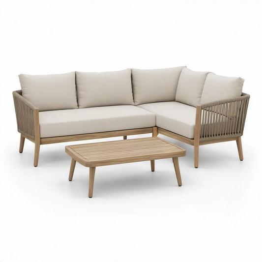 3-elementowy narożny komplet z drewna akacjowego z poduszkami, 210 × 150 × 75 cm, naturalny brąz/taupe/beżowy