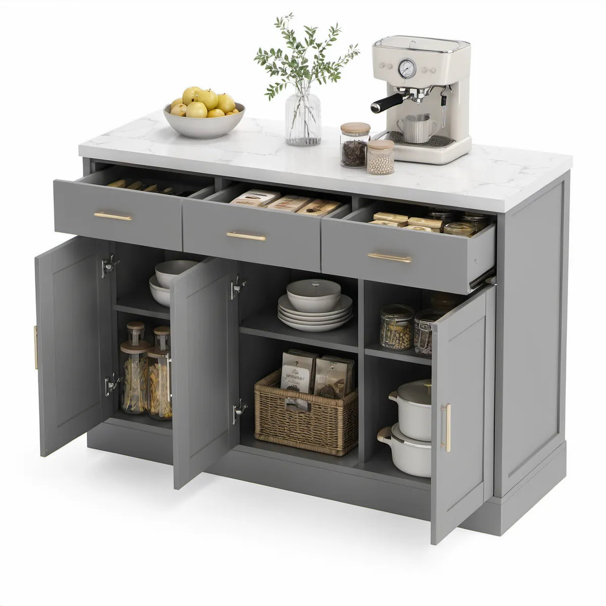 Szara wyspa kuchenna MDF z 3 szufladami i 3 szafkami, białym blatem marmurowym 120 x 60 x 90 cm