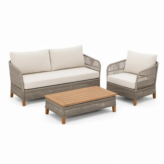 Zestaw wypoczynkowy z technorattanu z sofą, fotelem i stolikiem, Szary/Beżowy/Brązowy, sofa 136 × 70 × 78 cm
