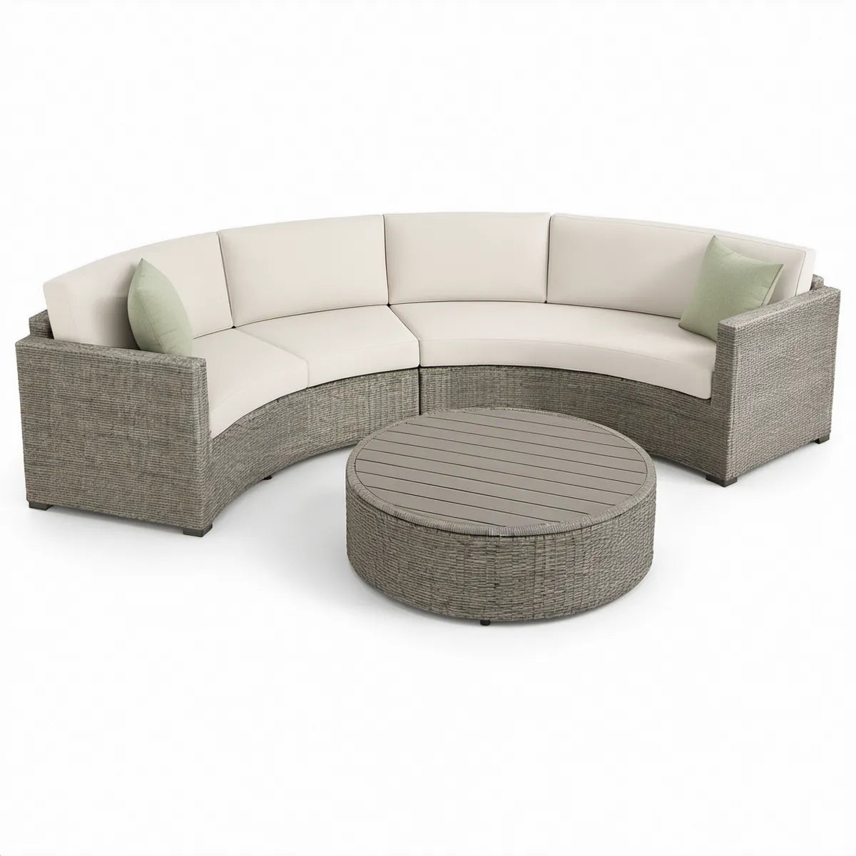 Półokrągła sofa ogrodowa 3-modułowa ze stolikiem Ø100 cm z technorattanu PE, szaro-beżowa z jasnozielonymi poduszkami