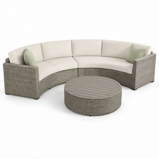 Półokrągła sofa ogrodowa 3-modułowa ze stolikiem Ø100 cm z technorattanu PE, szaro-beżowa z jasnozielonymi poduszkami