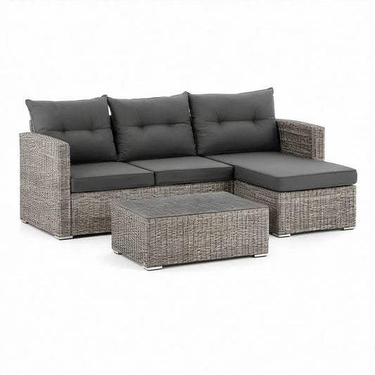 Narożna sofa ogrodowa ze stolikiem z technorattanu, szaro-antracytowa, 218 × 140 × 65 cm
