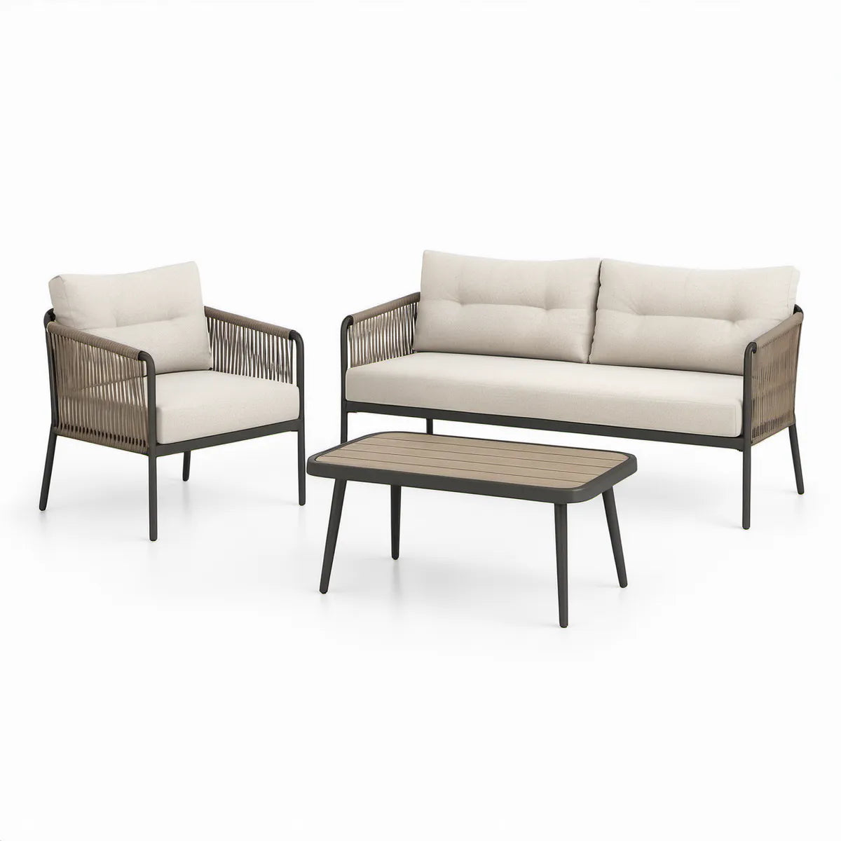 Aluminiowy zestaw wypoczynkowy z plecionką, sofa 150 × 75 × 76 cm, fotel i stolik, Beżowy/Taupe/Czarny