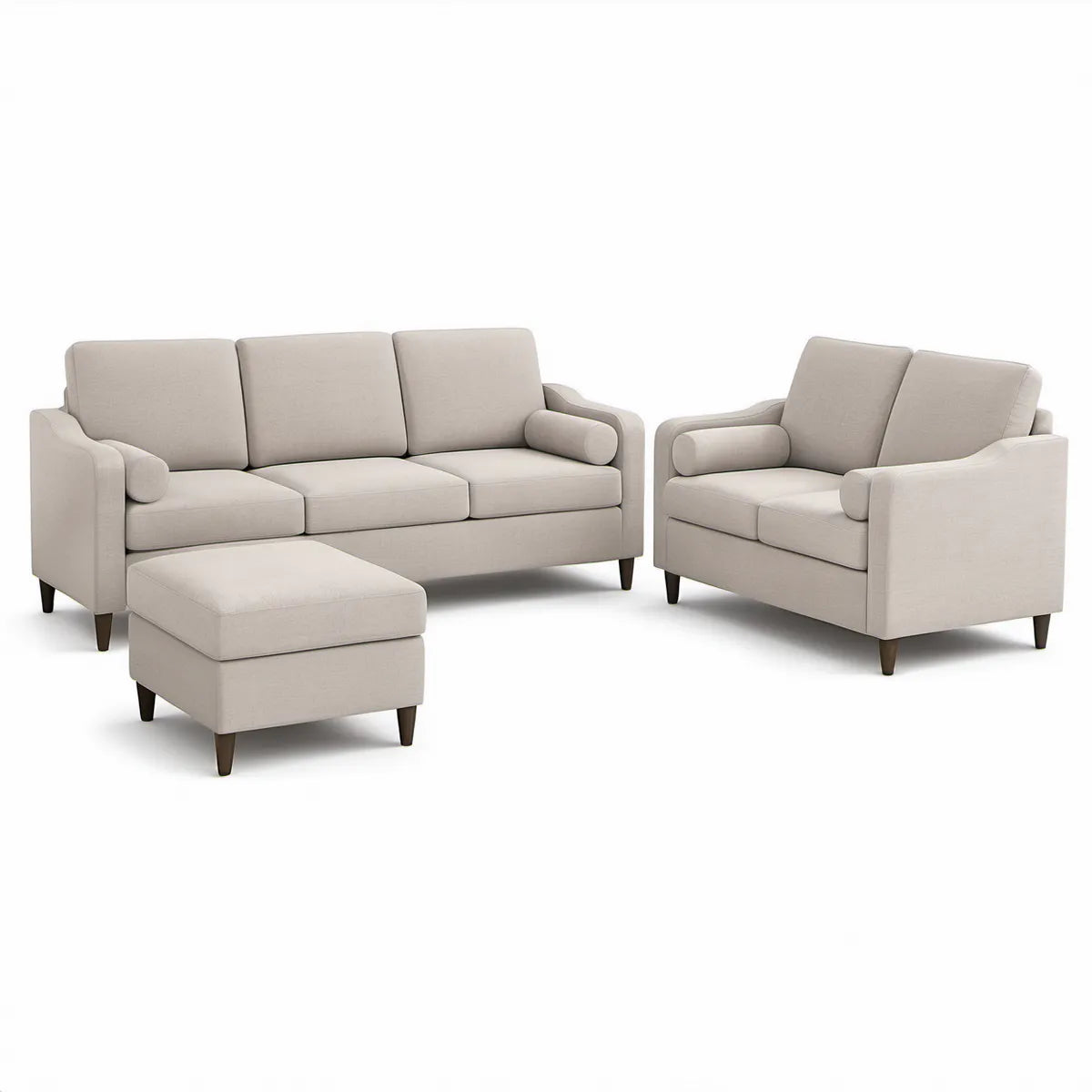 Beżowy zestaw wypoczynkowy: sofa 3-osobowa, fotel i podnóżek, 210 × 90 × 88 cm
