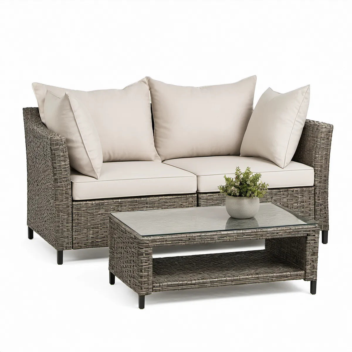 Sofa 2-osobowa z technorattanu PE ze stolikiem kawowym, szaro-beżowa, 150 x 80 x 78 cm