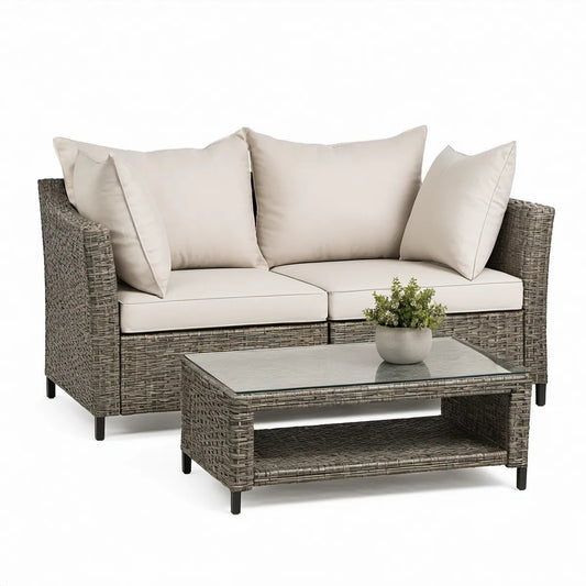Sofa 2-osobowa z technorattanu PE ze stolikiem kawowym, szaro-beżowa, 150 x 80 x 78 cm