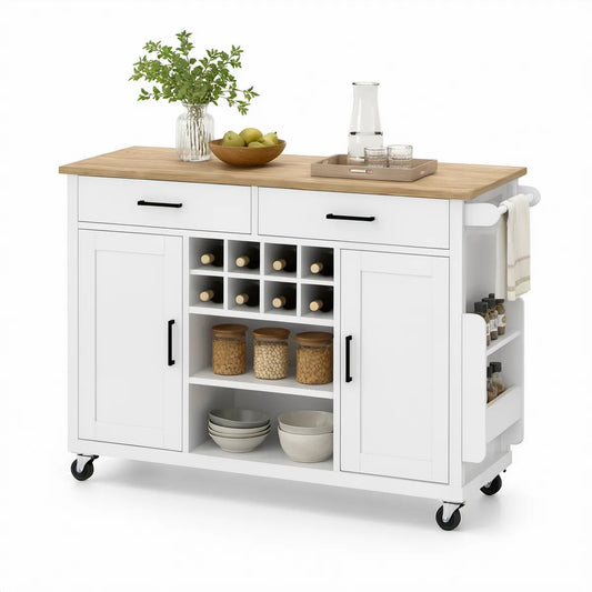 Biała wyspa kuchenna na kółkach 135 x 46 x 91 cm z blatem z naturalnego drewna
