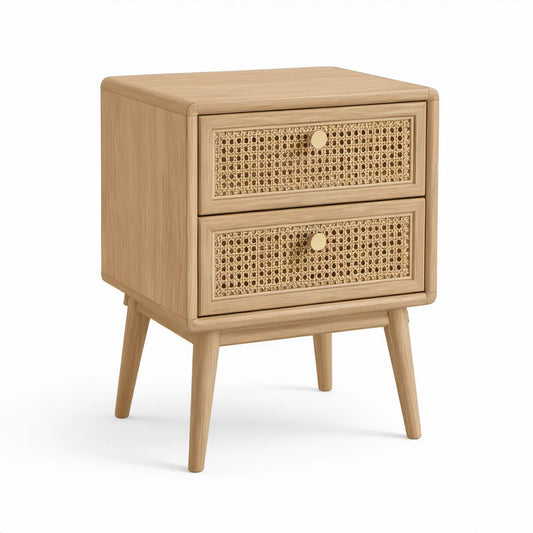 Szafka nocna 45 x 38 x 60 cm z 2 szufladami, lite drewno kauczukowe i naturalny rattan, naturalny dąb