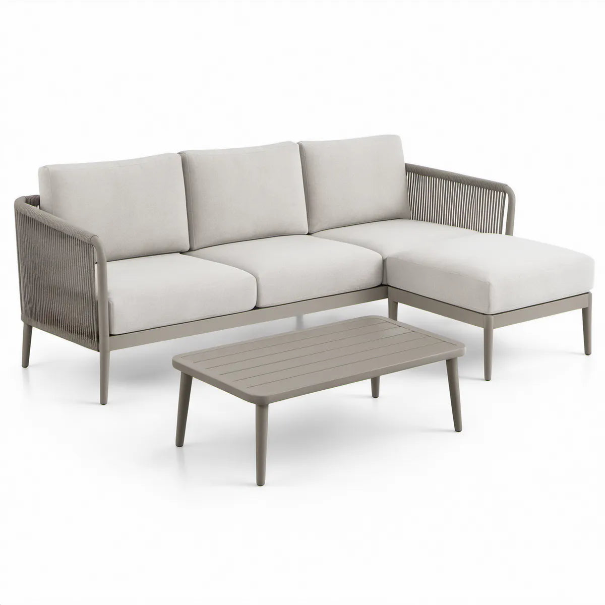 Aluminiowy narożnik ogrodowy z prawostronnym szezlongiem i stolikiem, Taupe/Beżowy, 230 × 150 × 70 cm