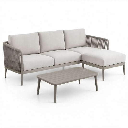 Aluminiowy narożnik ogrodowy z prawostronnym szezlongiem i stolikiem, Taupe/Beżowy, 230 × 150 × 70 cm