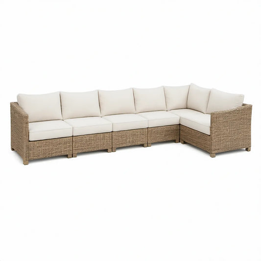 Modułowy zestaw wypoczynkowy ogrodowy w kształcie L, 5-osobowy, technorattan PE, beżowo-kremowy, 330 × 240 × 85 cm