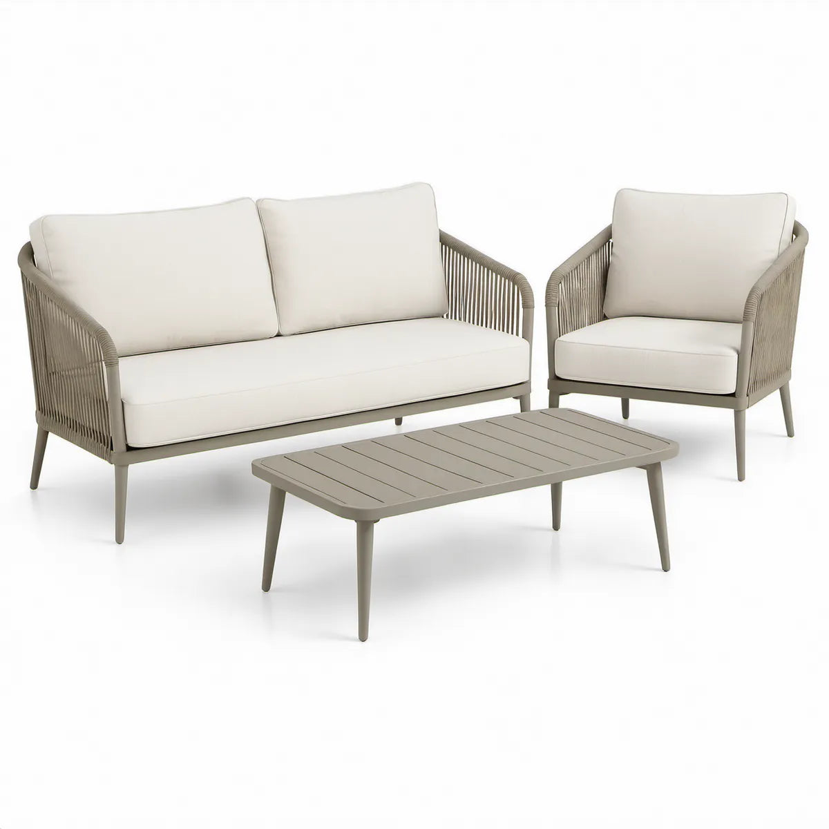 Zestaw wypoczynkowy 3-elementowy z aluminium i liny PP, szarobrązowy/kremowy, sofa 142 x 76 x 75 cm