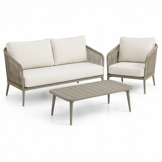 Zestaw wypoczynkowy 3-elementowy z aluminium i liny PP, szarobrązowy/kremowy, sofa 142 x 76 x 75 cm
