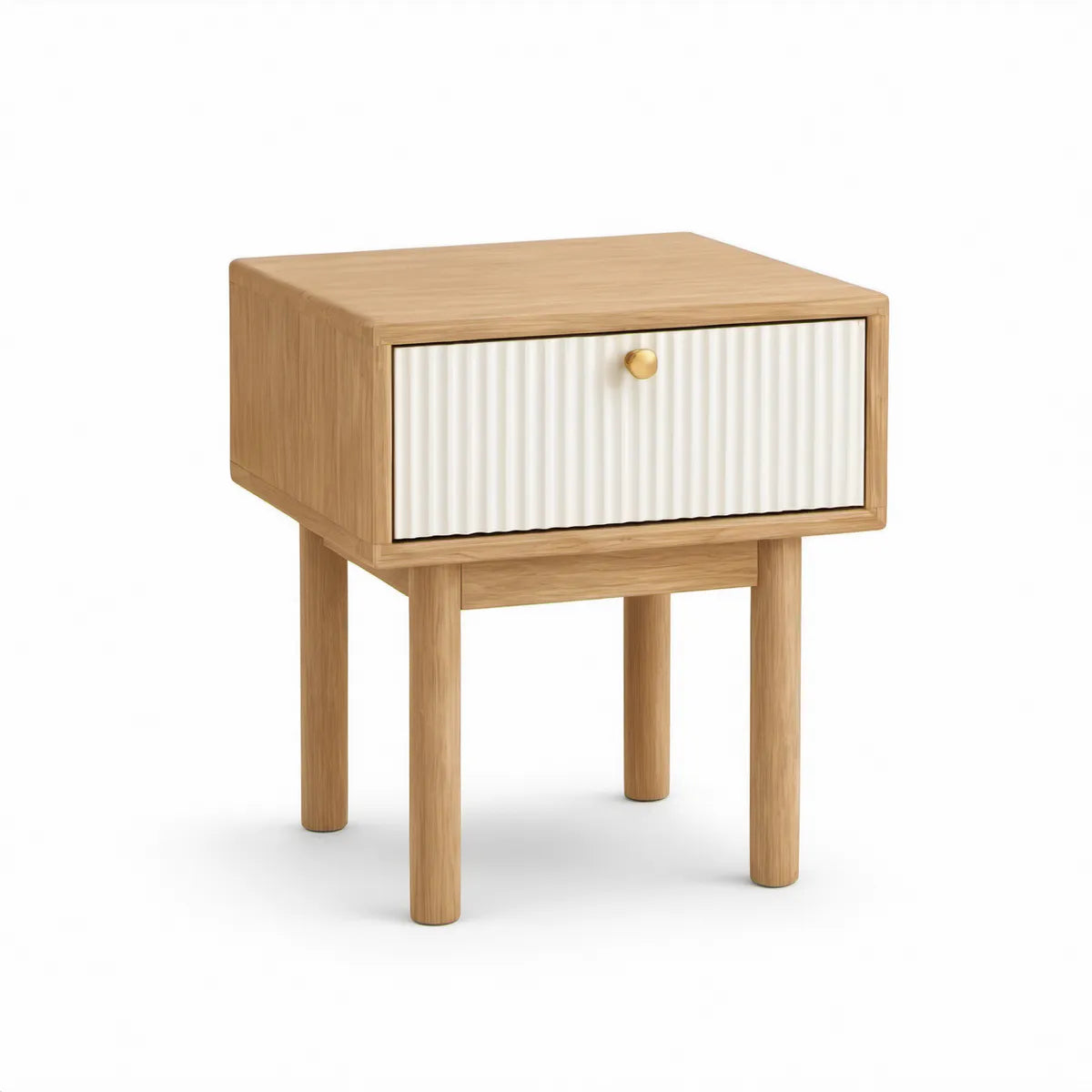 Stolik nocny z 1 szufladą, MDF w dekorze naturalnego dębu, biały i złoty, 45 × 35 × 60 cm
