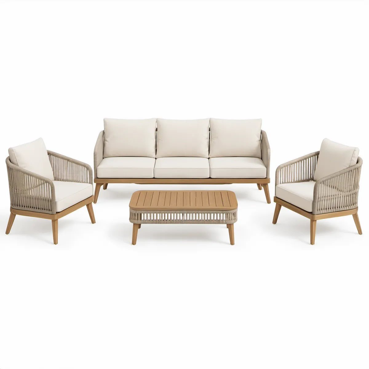 4-częściowy komplet ogrodowy z drewna akacjowego i liny polipropylenowej, beżowy, sofa 210 × 78 × 75 cm