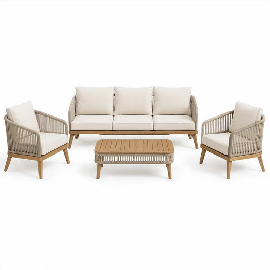 4-częściowy komplet ogrodowy z drewna akacjowego i liny polipropylenowej, beżowy, sofa 210 × 78 × 75 cm